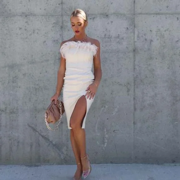 Vici | Dresses | Faux Leather Feather Trim Midi Dress | Poshmark